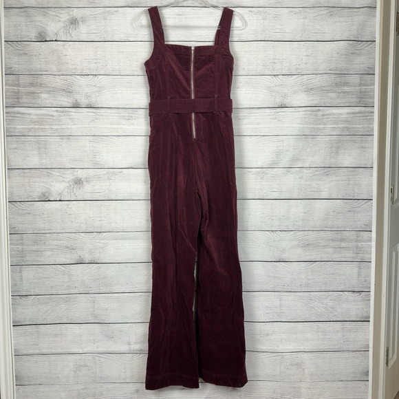 Anthropologie Pilcro Burgundy Corduroy Belted Wide Leg Jumpsuit Size Small / 4 - Picture 5 of 9